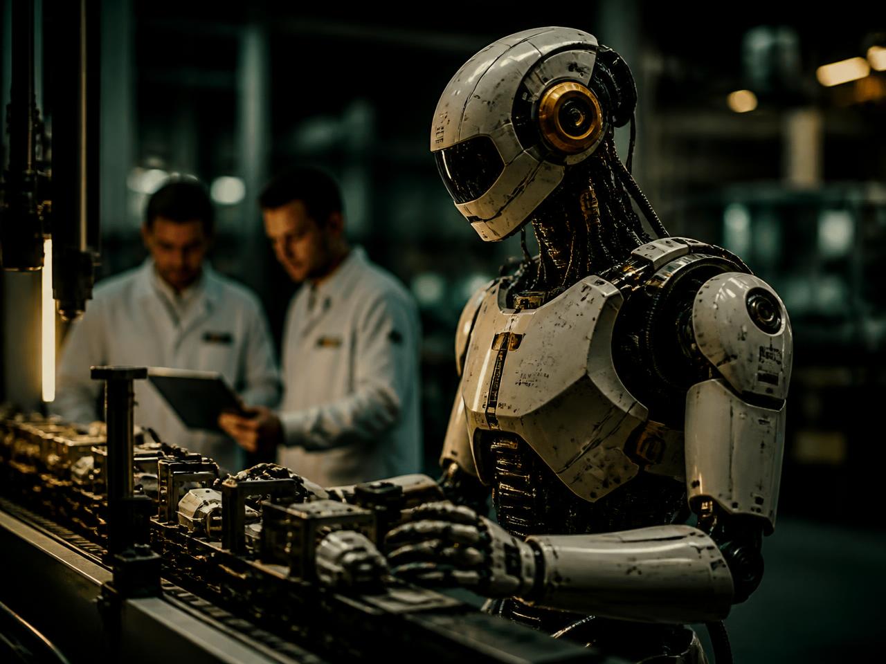 Humanoid robot on an advanced manufacturing line with engineers overseeing production